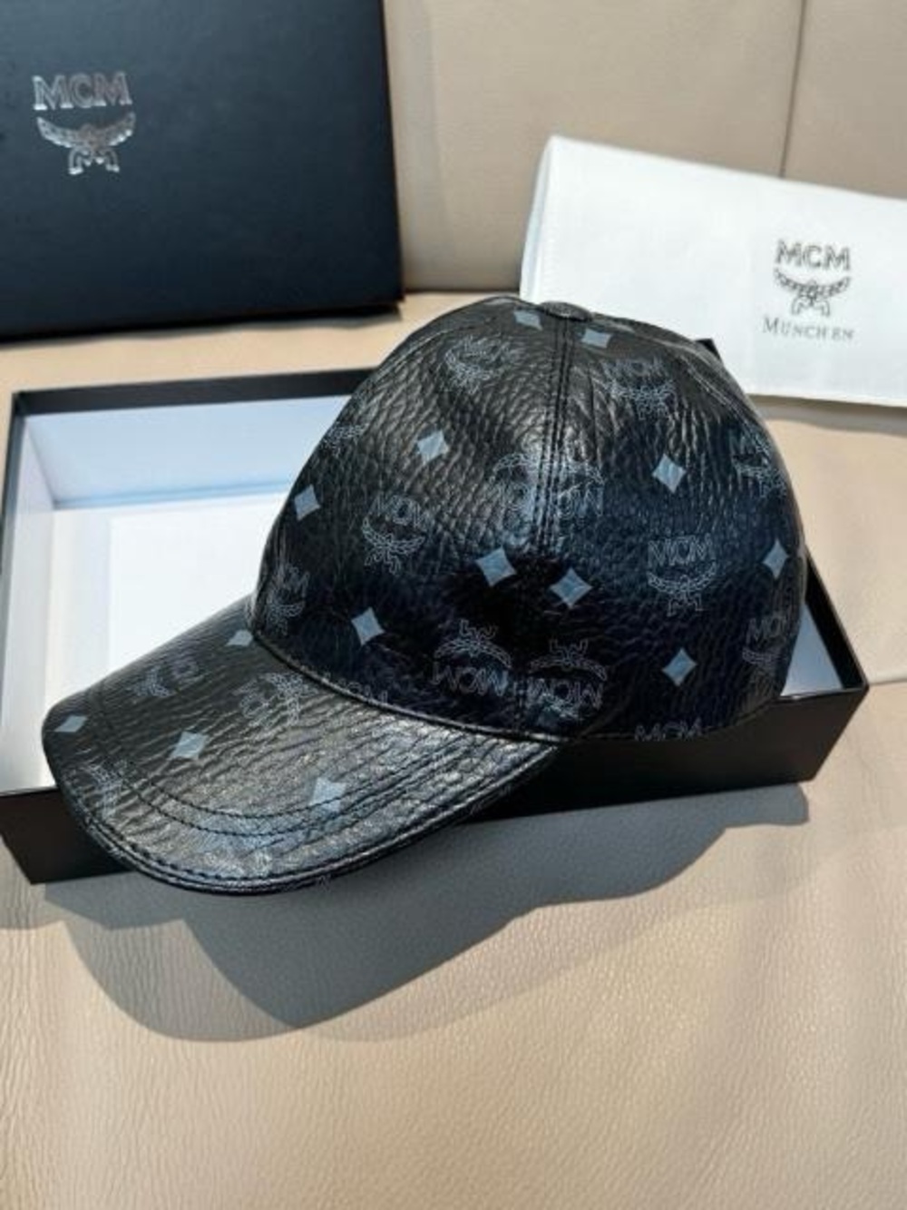 MCM Black Logo-Print Leather Baseball Cap